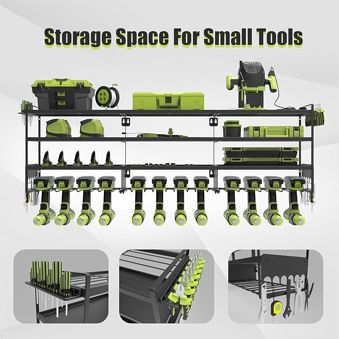 50''W Large Power Tool Organizer Wall Mount, Heavy Duty 4 Tier 12 Drill Holder Loads 600lbs, Garage Tool Organizer and Storage, Suitable Tool Rack for Workshop, Workbench