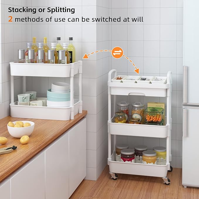 Calmootey 3-Tier Rolling Utility Cart with Drawer,Multifunctional Storage Organizer with Plastic Shelf & Metal Wheels,Storage Cart for Kitchen,Bathroom,Living Room,Office,White-NeatNest