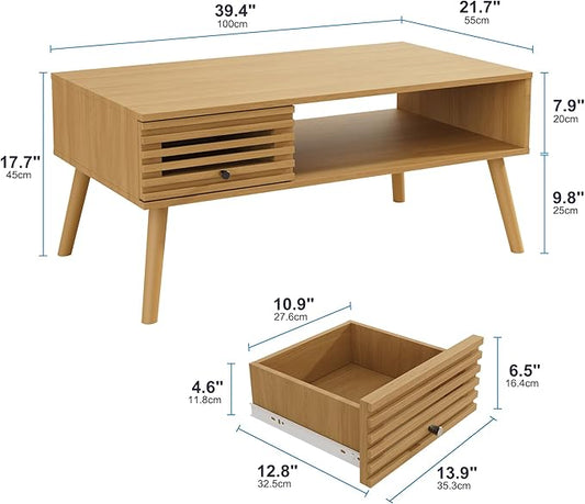 Coffee Table, Mid Century Modern Table with Storage, Living Room Center Table with Slatted Panel Drawer, Fluted Wood Coffee Table with Open Shelf for Living Room, Oak-NeatNest