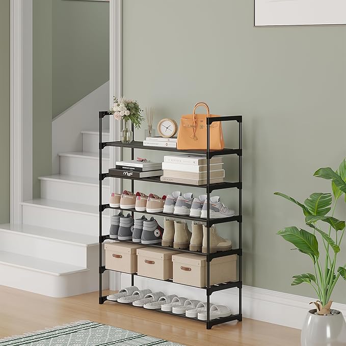 Calmootey 6-Tier Shoe Rack, Tall Large Capacity 30 Pairs Shoes Storage Organizer, Stackable Wide Shoe Shelf for Entryway, Hallway, Black-NeatNest