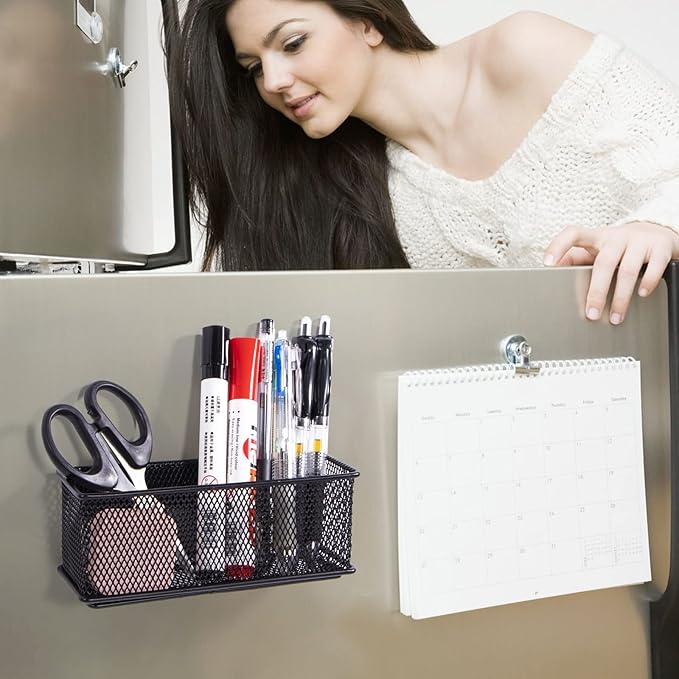 dedoot Magnetic Basket for refrigerator Storage Magnetic Pencil Holder Basket Mesh Black Strong Magnetic Pen Holder for Refrigerator,Whiteboard, Locker, Home and Office Organizer, 6.3x2.3x3.6inch-NeatNest