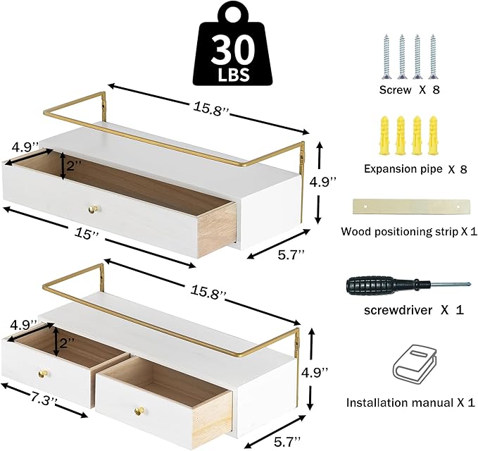Floating Shelves for Wall Storage, Wall Mounted Bathroom Shelf with Drawers Set of 2, Rustic Wood Floating Drawers for Living Room, Kitchen, Wall Decor, Plants, Books, White-NeatNest