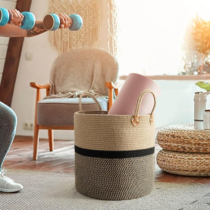 CHICVITA Extra Large Jute Woven Storage Basket with Handles – Laundry Basket Toy Towels Blanket Basket Home Decor Gift, 16" x 16", Black-NeatNest