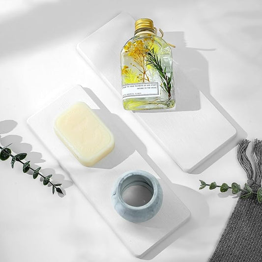 2PCS Bathroom Sink Trays, Water Absorbing Diatomite Stone Quick Drying Mat for Kitchen Counter, Dish Rack Soap Dispenser Sponge Holder Caddy Vanity Organizer, White, 9"x3.5"-NeatNest