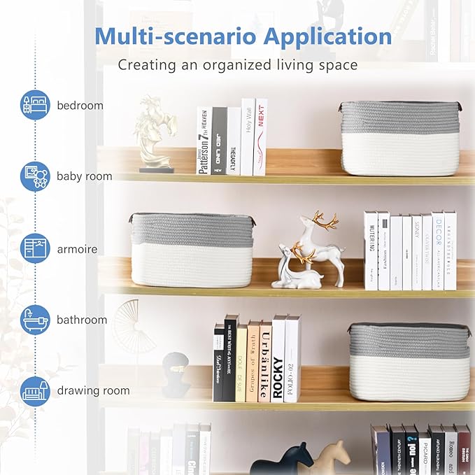 Cotton Rope Storage Baskets,15x10x9 in,Collapsible Storage Bins, Decorative Woven Basket Cube Storage Organizer for Laundry, Towel, Clothes (White/Grey-3Pack, 15x10x9 inches)-NeatNest