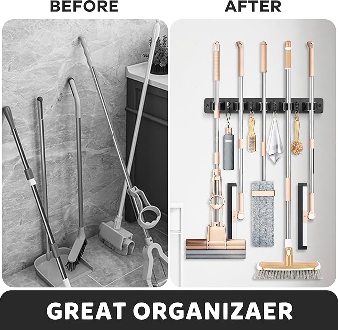 IMILLET Broom Holder Wall Mount, Wood Broom Holder with 5 Racks and 4 Hooks Broom Organizer, Laundry Room Organization and Storage, Mop Hanger for Home Organization, Garden, Garage, Closet (Black)-NeatNest