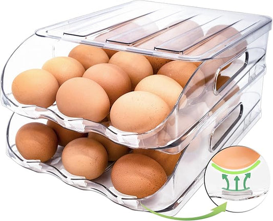 Egg Holder for Fridge, Automatic Steady Rolling Egg Container with Soft Bumpers & Handle for Refrigerator, Stackable Fridge Organizers and Storage with Lid