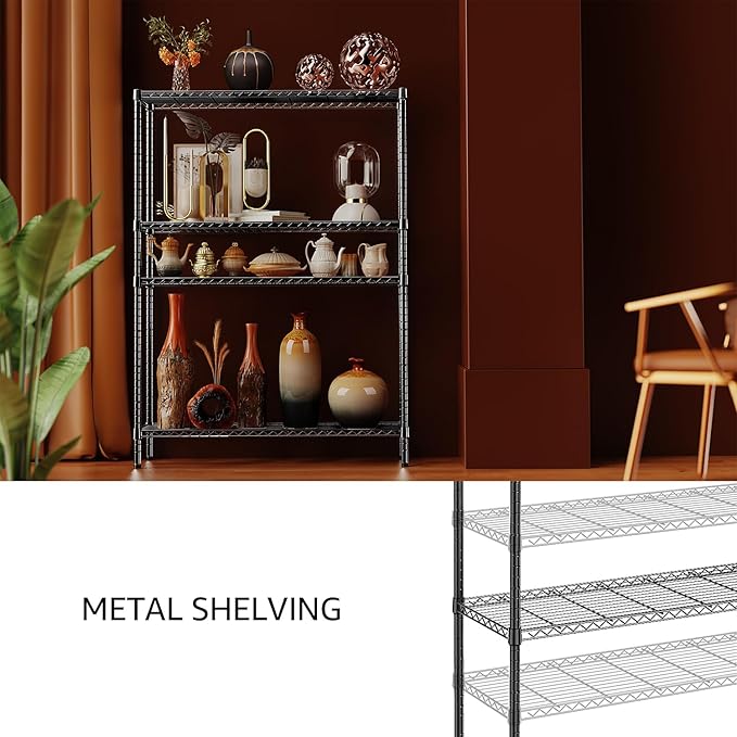 IZEUK 1400 LBS Garage Black Shelving Wide Storage Shelves 4 Tier Adjustable Heavy Duty Metal Wire Rack Standing Shelf Unit for Kitchen Office College Dorm Garage Warehouse 15.8" x 45.8"x 59.4"-NeatNest