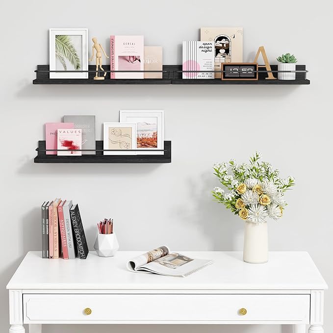 Forbena Black Floating Shelves for Wall, Bahtroom Wall Shelves Over Toilet, Rustic Hanging Shelf with Lip Rail for Bedroom Kitchen Office Living Room Picture Photo Decor, 17 Inch Long-Set of 3-NeatNest