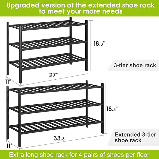 BMOSU 3-Tier Bamboo Extended Shoe Rack Premium Stackable Shoe Shelf Storage Organizer for Hallway Closet Living Room Entryway Organizer (Black Bamboo)-NeatNest