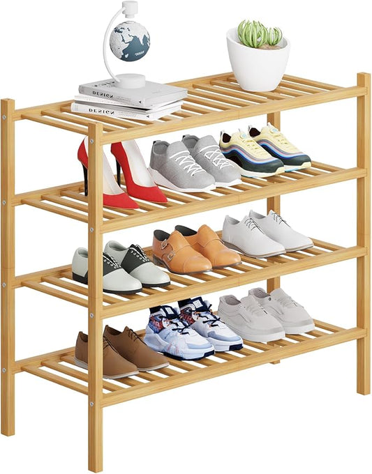 4 Tier Bamboo Shoe Rack Storage Organizer for Closet, Multifunctional Stackable Free Standing Shoe Shelf Organizer for Small Space,Entryway,Hallway,Bathroom 27"x11"x26"(Natural, 4 Tier)-NeatNest