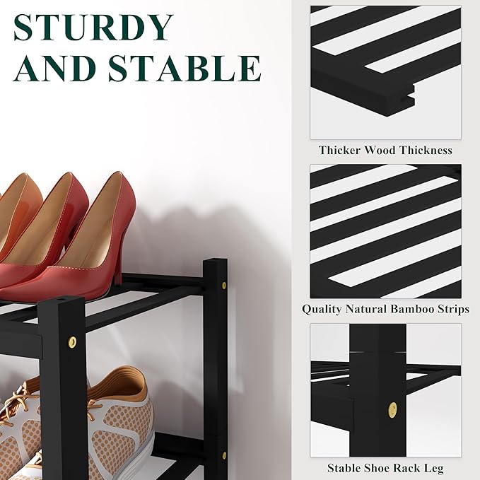 Smiry Shoe Rack, 2 Tier Small Bamboo Shoe Organizer, Stackable Free Standing Wooden Shoe Storage Shelf for Closet, Entryway, Front Door Entrance, Black-NeatNest