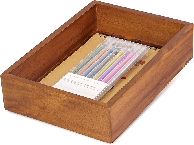 Demigo Acacia Wood Desk Organizer Tray - 9.5x6.7x2 Inch Letter & Stationery Holder for Office, Entryway, Desktop - Natural Wood Catchall for Pens, Mail, Keys-NeatNest