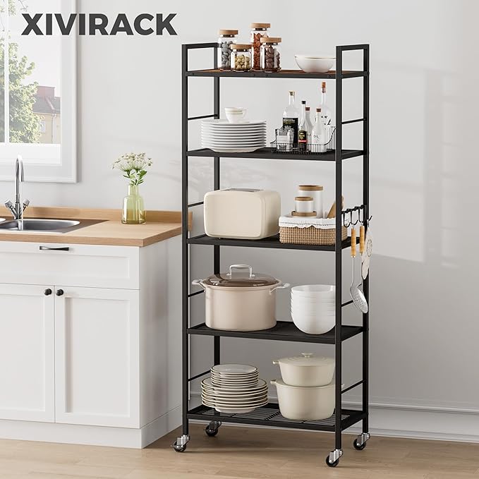 5-Tier Metal Storage Rack with Industrial Wheels,Mesh Shelving Unit with Wooden Table top,Adjustable Shelf,23.6-Inch Width,for Kitchen, Laundry,Pantry,Plant,Black