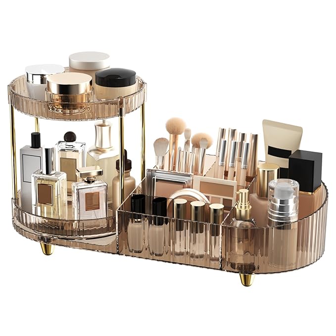 Makeup Organizer Countertop with 360 Rotating Perfume Trays, 7-Divider Vanity Skincare Organizers, Make Up Desk Organization and Storage with Cosmetic Brush Holder for Bedroom Bathroom Counter-NeatNest