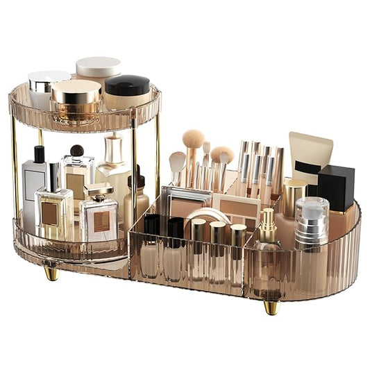 Makeup Organizer Countertop with 360 Rotating Perfume Trays, 7-Divider Vanity Skincare Organizers, Make Up Desk Organization and Storage with Cosmetic Brush Holder for Bedroom Bathroom Counter-NeatNest