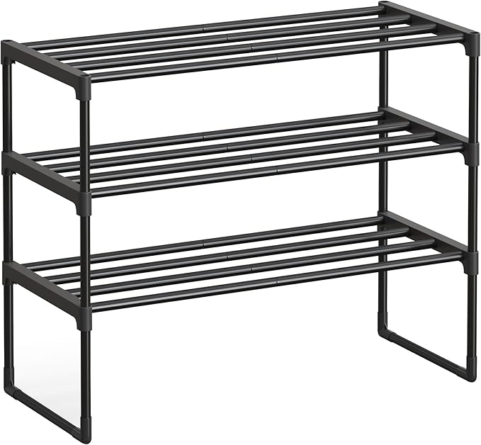 SONGMICS Shoe Rack, 3-Tier Shoe Organizer, Metal Storage Shelf, Upright or Upside Down, for 8-12 Pairs, Stackable, for Entryway, 11.8 x 26.8 x 21.7 Inches, Black ULSA203B01-NeatNest