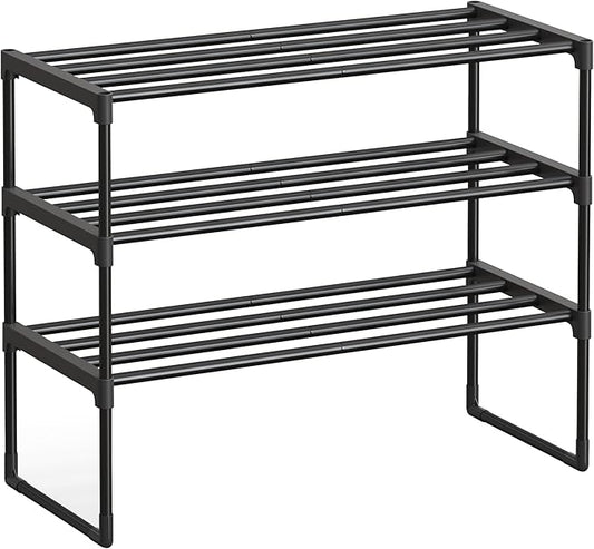 SONGMICS Shoe Rack, 3-Tier Shoe Organizer, Metal Storage Shelf, Upright or Upside Down, for 8-12 Pairs, Stackable, for Entryway, 11.8 x 26.8 x 21.7 Inches, Black ULSA203B01-NeatNest