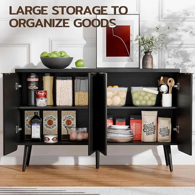47.2" Sideboard Buffet Cabinet with Storage, Modern Fluted Accent Credenza with 4 Doors, Buffet Media Console Entryway Cabinets with Adjustable Shelves for Living Dining Room Hallway, Black-NeatNest