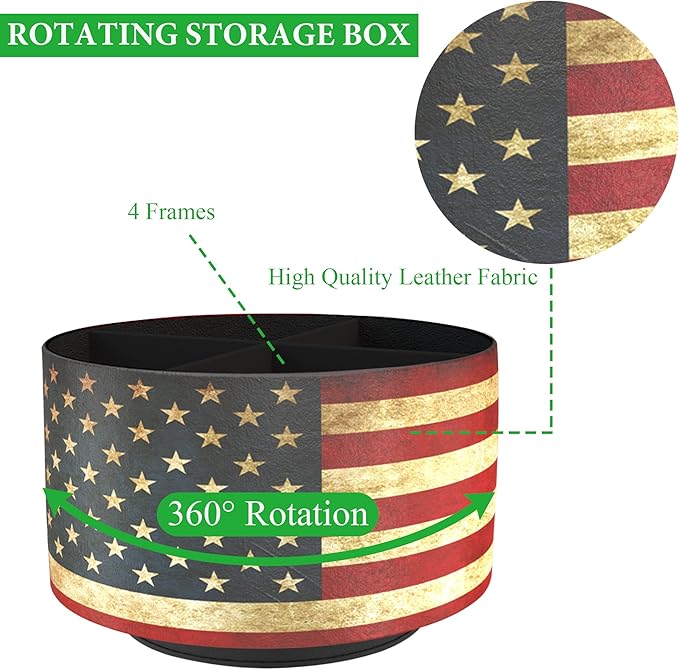 Hennaja Round Leather Art Supply Organizer,Remote Control Holder,360 Degree Rotating,Multi-Functional Pencil Holder,4 Compartments Desktop Stationary Organizer(1-American Flag)-NeatNest