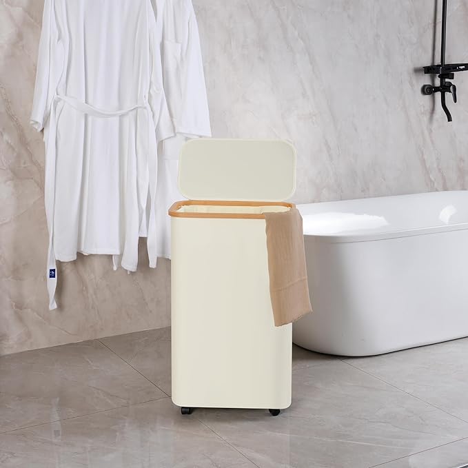 efluky Slim Laundry Basket with Wheels, Narrow Rolling Laundry Hamper with Lid and Removable Bag, Aesthetic Dirty Clothes Hamper on Wheels for Laundry Room, Bedroom, Dorm and Bathroom, 75L Beige-NeatNest