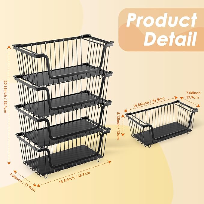 4 Pcs Stackable Wire Baskets for Pantry Organizers and Storage,Kitchen Storage Metal Baskets,Produce Potato Onion Storage Bin,Vegetable Fruit Basket for Countertop,Black