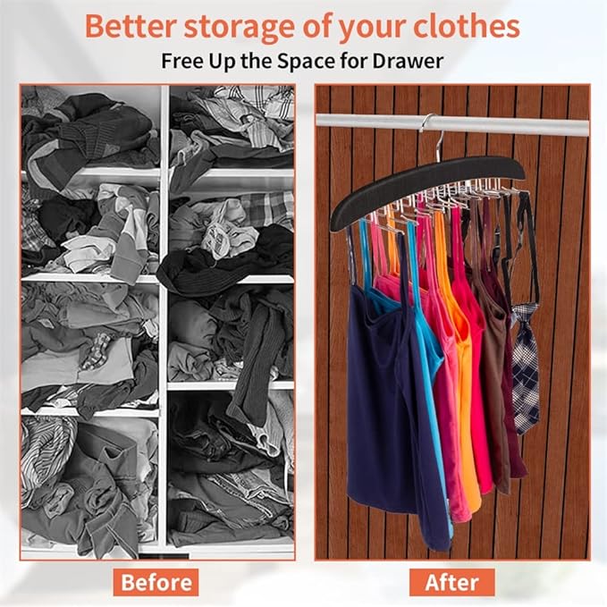 3 Pack Tank Top & Bra Hanger, Tie & Belt Hanger with Natural Wood, 24 Space Saving, 360 Rotating, Foldable Metal Hooks, Closet Organizer and Storage Rack for Tank Tops/Bras/Ties/Belt (Black)-NeatNest