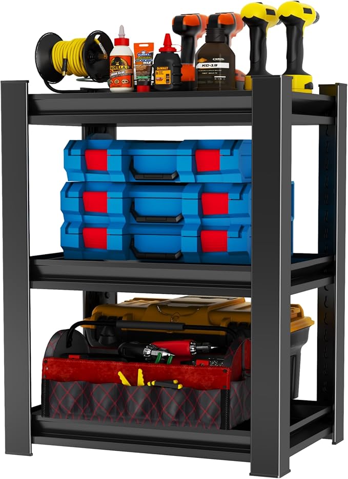 Garage Shelving Unit, 1200 lbs Load Capacity, Adjustable Garage Storage Shelves, Sturdy Steel Storage Shelf for Workshop, 3-Tier 32" H x 20" W x 14" D, Black-NeatNest