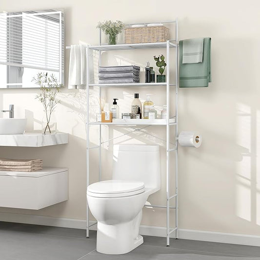 3-Tier Over The Toilet Storage Rack, Freestanding Bathroom Shelves Organizer with Hooks and Toilet Paper Holder, Space Saver Metal Shelf for Small Bathroom, White