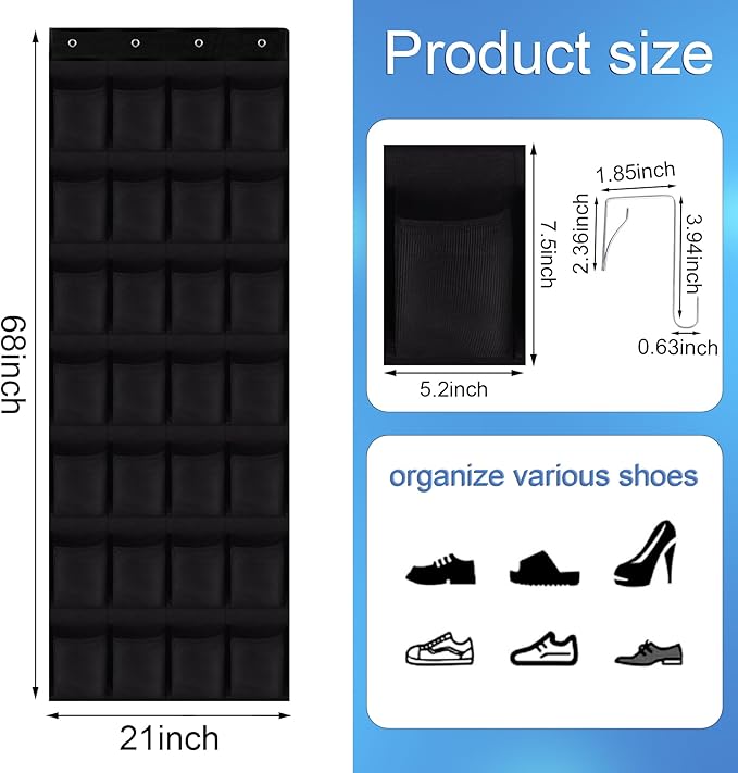 28 Mesh Pockets Hanging Shoe Organizer, Over the Door Shoe Organizer，Closet Storage Holder for Back of Door Storage Holder for Back of Door(Black)-NeatNest