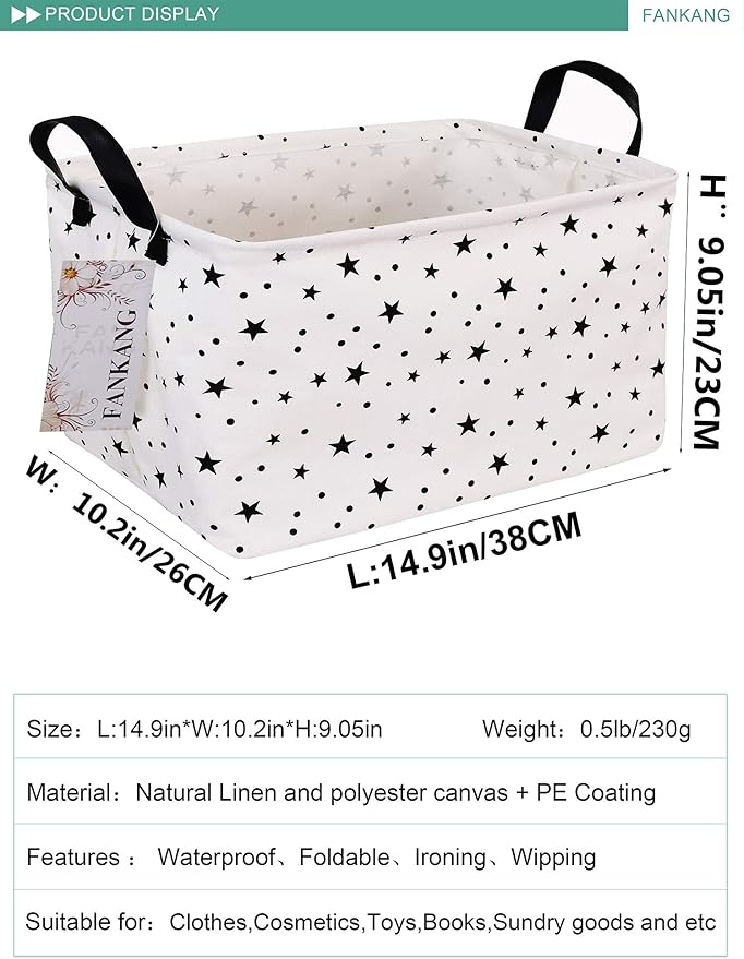 FANKANG Storage Basket,Nursery Hamper Canvas Laundry Basket Foldable with Waterproof PE Coating Storage, Office, Bedroom, Clothes,Toys (Rec-Star)