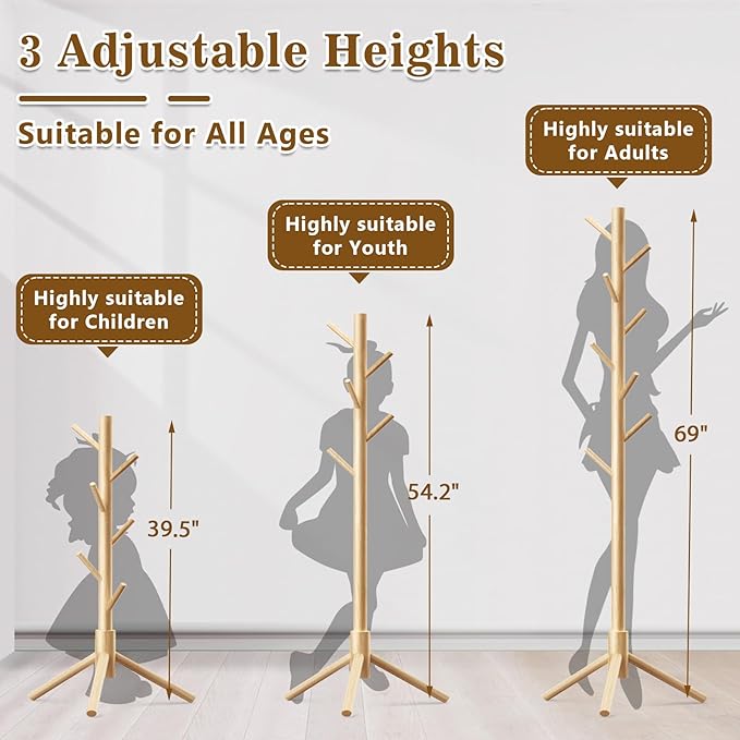 2 Pack Coat Rack, Solid Wood Coat Rack Freestanding with 8 Hooks & 3 Adjustable Heights, Simple Assembly Coat Tree for Hats, Bags, Wooden Coat Hanger Stand for Bedroom, Entryway, Office-NeatNest
