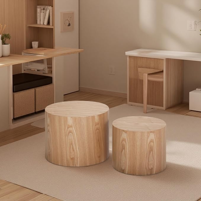 2-Piece Round Nesting Coffee Table, Circle End Table Wood Accent Table, Minimalist Side Table Set for Small Spaces, Living Room, Apartment(Oak)