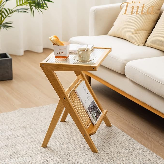 Tiita Rattan Side Table, Mid Century Nightstand, Bamboo Accent Bedside Tables, Glass Coffee Tables, Boho Wooden End Table with Storage for Small Space, Living Room and Bedroom