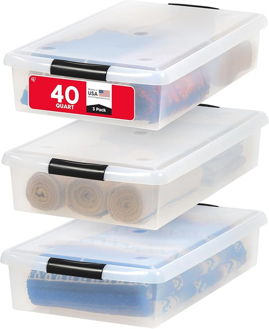 IRIS USA 40 Qt Plastic Under Bed Storage Nestable Organizer Bin Container with Secure Lids and Durable Buckles, 3-Pack, Under Bed Storage Containers for Clothes Shoes Bedding, Black/Clear-NeatNest
