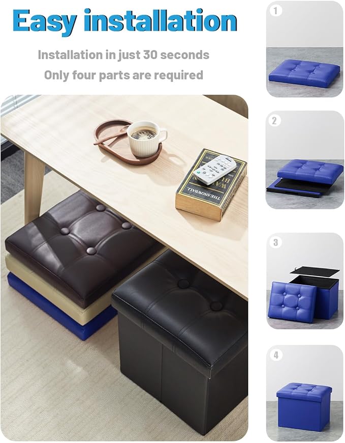 AmasSmile Storage Ottoman Folding Foot Rest Stool, Leather Footstool Bench, Short Ottoman Stool, Storage Foot Rest Store, Books (Blue, 17" D x 13" W x 13" H)-NeatNest