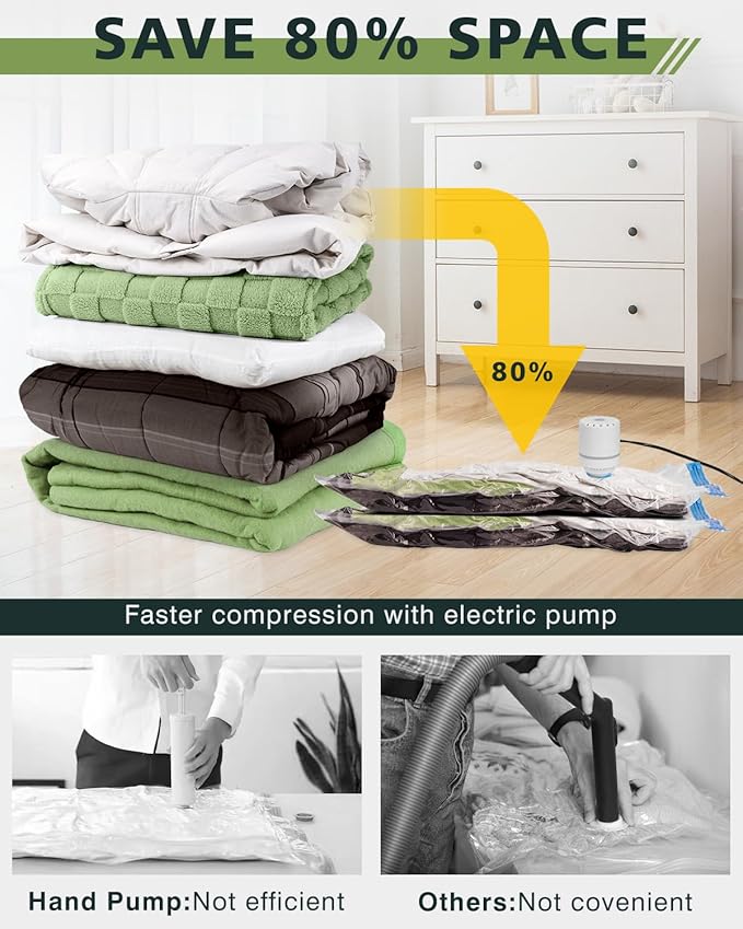 Vacuum Storage Bags (6 Jumbo Pack) Space Saver Bags with 1 Electric Air Pump Vacuum Seal Bags Compression Bags for Clothes Blanket Duvets Pillows Comforters Travel Moving-NeatNest