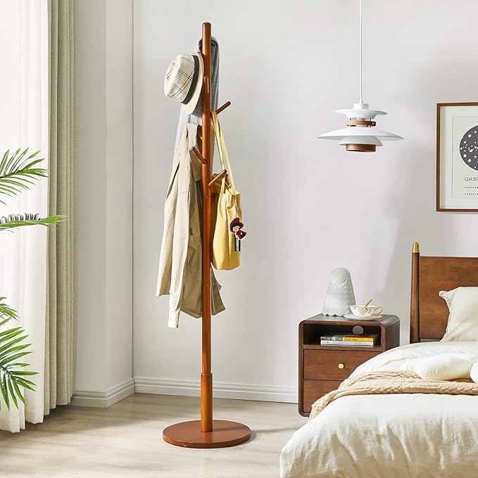 IBUYKE Coat Rack Stand, Freestanding Coat Tree with Solid Round Base and 8 Hooks, Easy Assembly Wooden Coat Hanger, Clothes Rack for Hallway Entryway, Living Room, Bedroom, Office, Brown WD-113-NeatNest