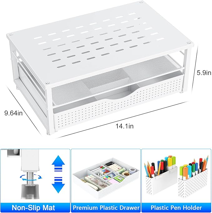 gianotter Desk Organizers and Accessories, Monitor Stand with Drawer and 2 Pen Holder, Desktop Organizer Suitable for Offices and Dormitories (White)-NeatNest