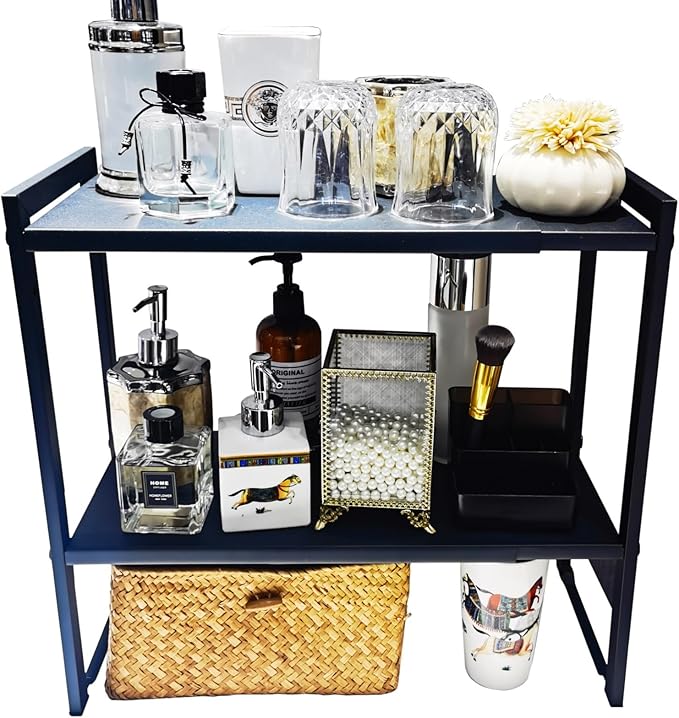 2 Tier Expandable Cabinet Shelf Organizer 14.5-25" L Kitchen Counter Shelf Rack Stand Sink Riser Countertop Storage Black (Normal 7.9”D)-NeatNest