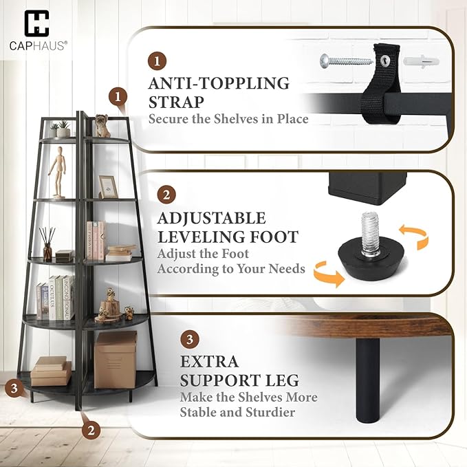 CAPHAUS Tall Corner Shelf Stand, 6-Tier Display Shelves, Ladder Corner Wood Storage Plant Bookshelf with Metal Frame, Versatile Shelving Unit Bookcase for Home Office Space, Black-NeatNest