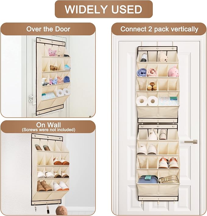 FENTEC 2 Pack Over the Door Shoe Organizer, Hanging Shoe Organizer, 28 Large Deep Pockets Door Shoe Rack with 6 Hooks Shoe Organizer for Shoes, Sneakers, and Home Accessories, Beige-NeatNest