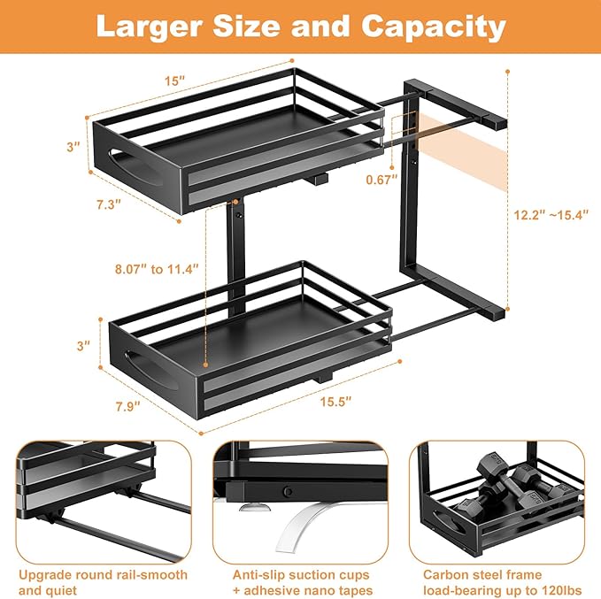 Under Sink Organizer, 2 Tier Under Sink Organizers and Storage, Adjustable Height, Slide out Metal Cabinet Organizers, Pull out Cabinet Storage Drawer Shelf for Kitchen Bathroom Black, 1 Pack-NeatNest