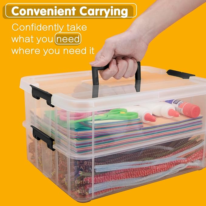 2 Layer Plastic Storage Containers with Lids, Multipurpose Clear Stack & Carry Box, Portable Craft Organizers and Storage Bin for Organizing Art & Craft, Sewing, Makeup, Nail Supplies (Black)
