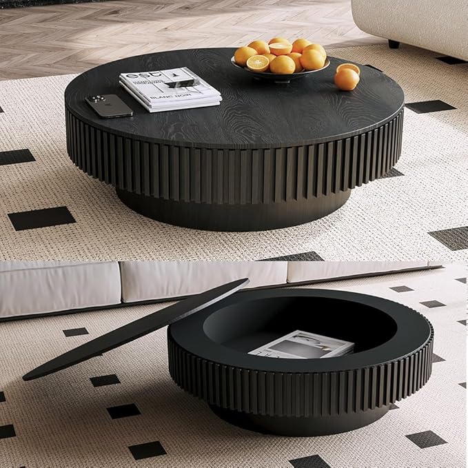39'' Round Coffee Table with Storage Living Room Modern Wood Coffee Table with Pedestal Circle Center Tables Fluted Accent Tea Table for Apartment, Black