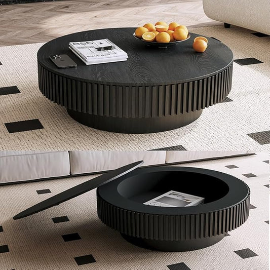 39'' Round Coffee Table with Storage Living Room Modern Wood Coffee Table with Pedestal Circle Center Tables Fluted Accent Tea Table for Apartment, Black