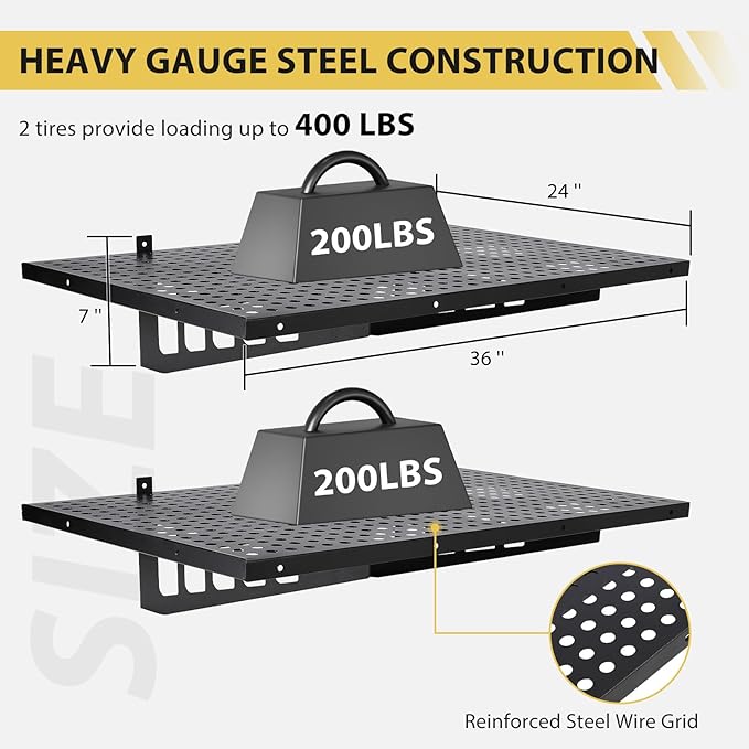2-Pack Garage Storage Racks, 24" W x 36" L 560 lbs Capacity Steel Shelving Unit with 4 Hooks & Reinforced Edges, Black, Space-Saving Garage Shelves for Home, Warehouse-NeatNest