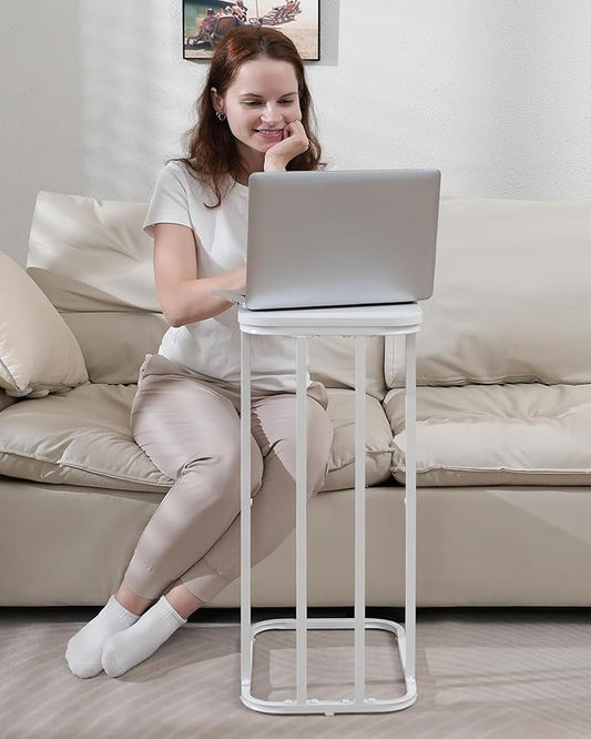 C Shaped End Table Set of 2, Small Side Table for Sofa and Bed, Couch Tables That Slide Under, Tall Tv Tray Table for Living Room, Bedroom, Snow White-NeatNest