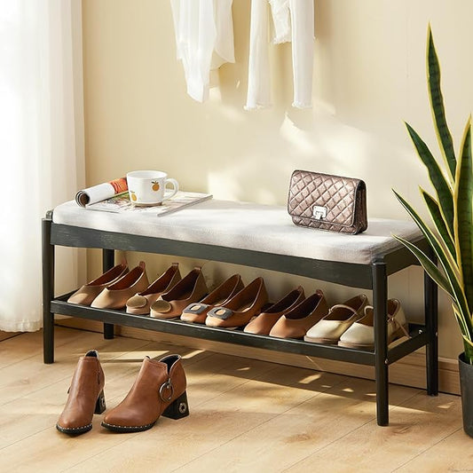 Shoe Bench Entryway Bamboo 2-Tier Shoe Rack with Cushion Padded Seat Shoe Bench Organizer Stable for Entry, Hallway, Living Room, Bedroom, Closet (39.4 * 11.4 * 16.5IN, Black-Gray)