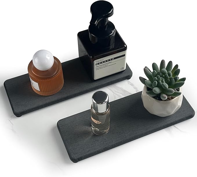 2 Pcs Water Absorbing Stone Trays, Kitchen/Bathroom Sink Soap Dish, Diatomite Tray Used for Hand Soap & Cosmetic Bottles in The Modern Home, 3.15" W x 8.7" L, Dark Gray-NeatNest